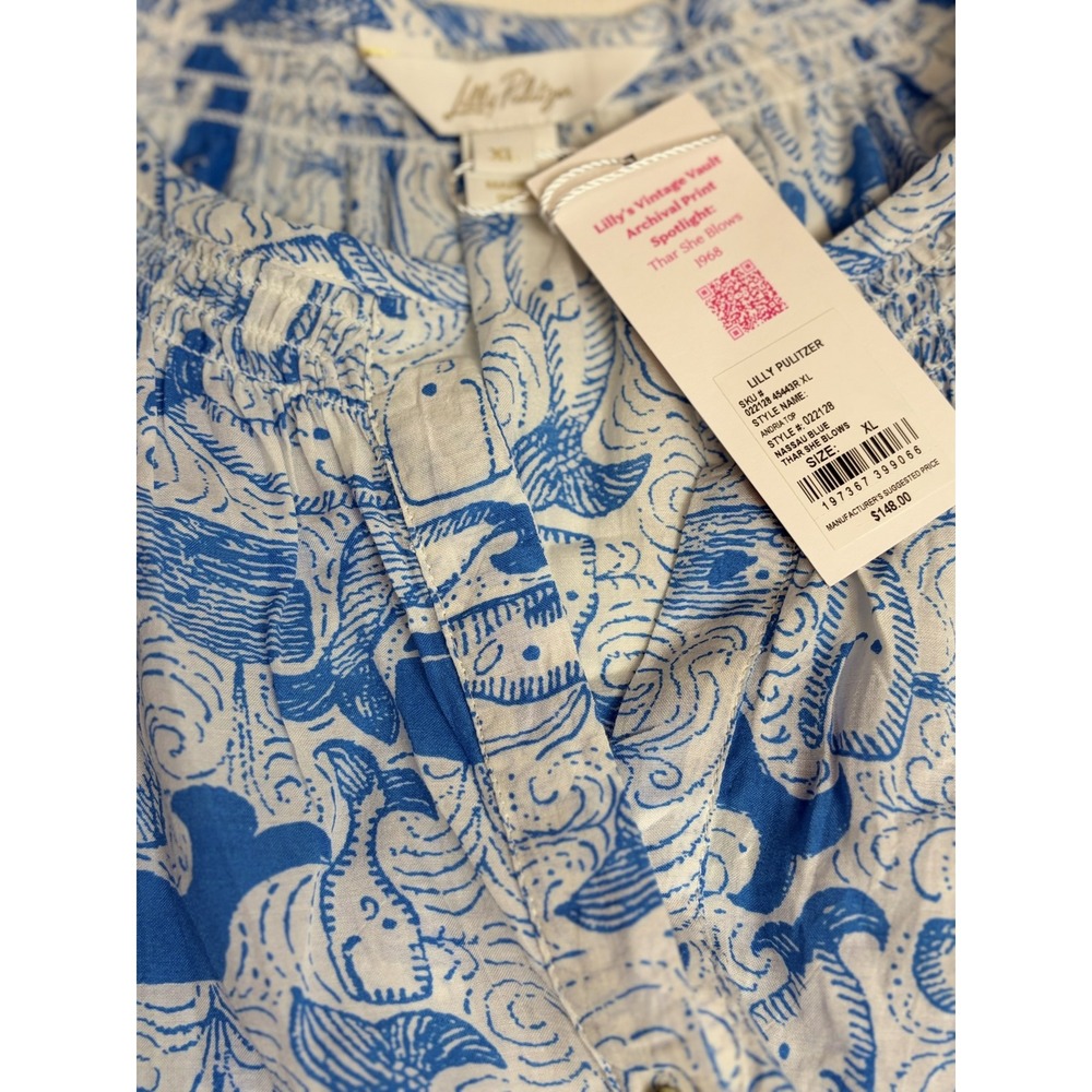 Lilly Pulitzer Andria Top Thar She Blows Whale Print Nassau Blue XL NWT - Picture 6 of 8